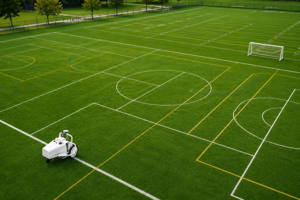 GPS robotic field marking on a multi-sport athletic field with precision line layouts.